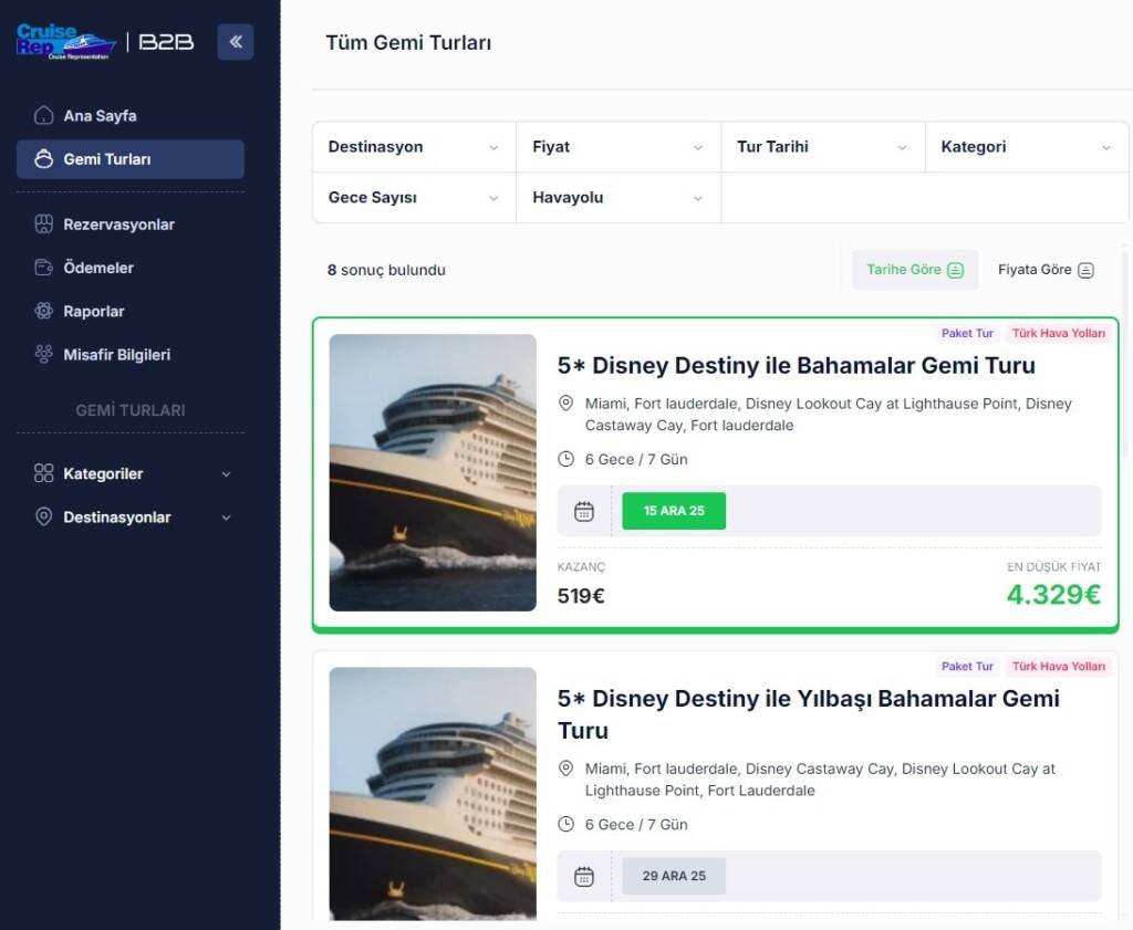 300'den Fazla Cruise Turu B2B Acente Portalımızda